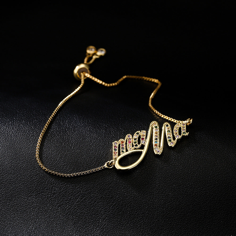 Bracciale da donna MAMA in stile geometrico, in ottone placcato oro con intarsio in zircone, con chiusura a coulisse