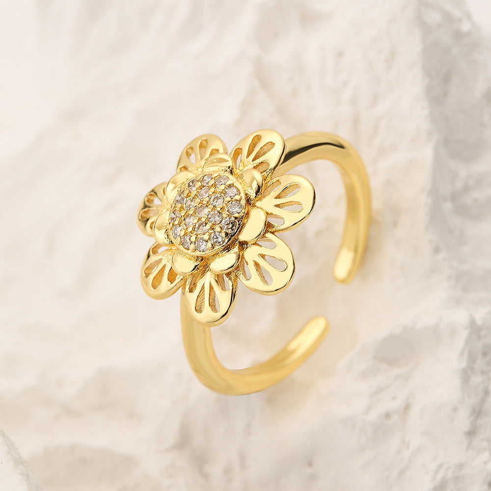 Anello aperto da donna a fiore geometrico minimalista in rame con zirconi micro-pavé