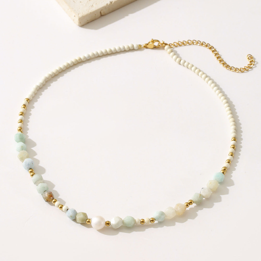 Minimalist Geometric Titanium Steel Beaded Necklace for Women with Red Jasper Sunstone Amazonite Natural Pearls