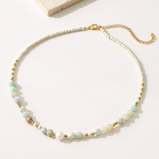 Collana Minimalista Geometrica in Acciaio al Titanio con Perline da Donna con Diaspro Rosso Eliolite Amazzonite e Perle Naturali