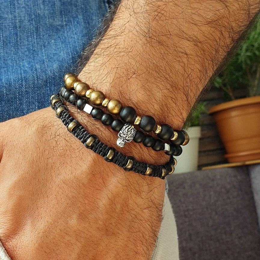 Vintage Punk Geometric Round Matte Wood Beaded Bracelet for Men