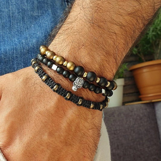 Vintage Punk Geometric Round Matte Wood Beaded Bracelet for Men