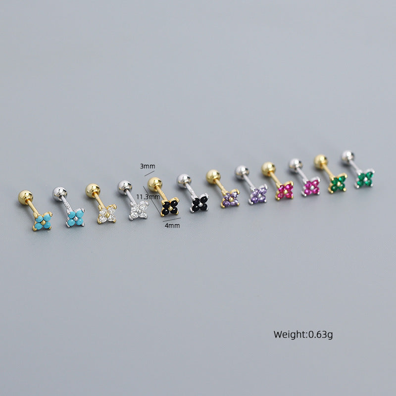 Orecchino a perno filettato da donna minimalista in argento sterling 925 con intarsi floreali e zirconi cubici