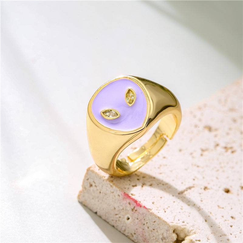 Geometric Drip Oil Gold Plated Brass Alien Ring for Women