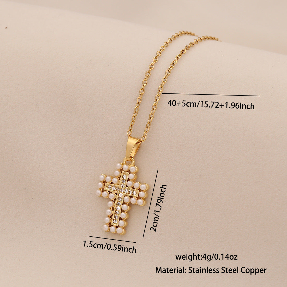 Collana personalizzata con croce in acciaio inossidabile, ciondolo in rame e perla finta