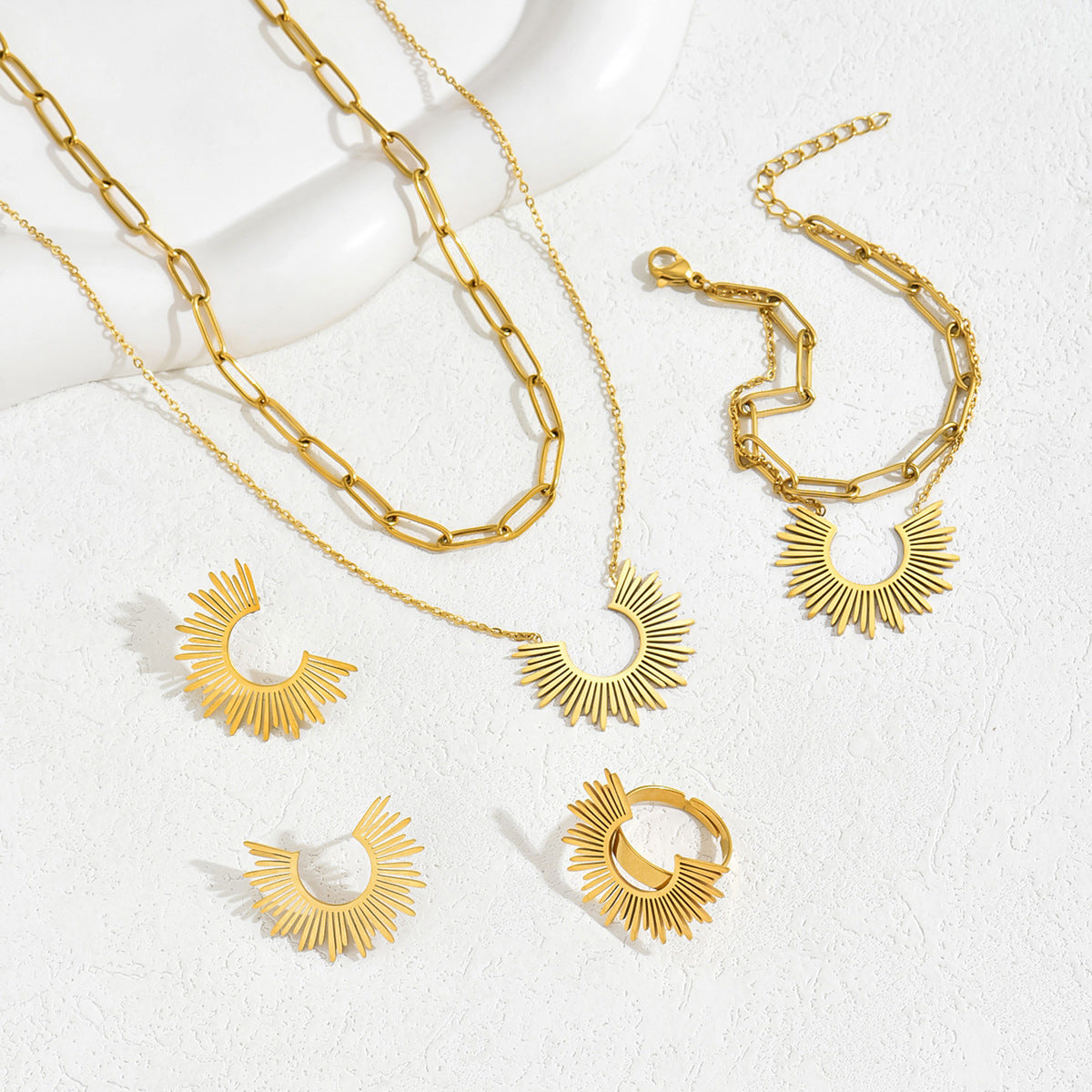 Encantador Juego de Joyas Minimalista de Girasol para Mujer, Bañado en Cobre, Pulsera, Pendientes, Collar y Anillo para el Dedo Índice