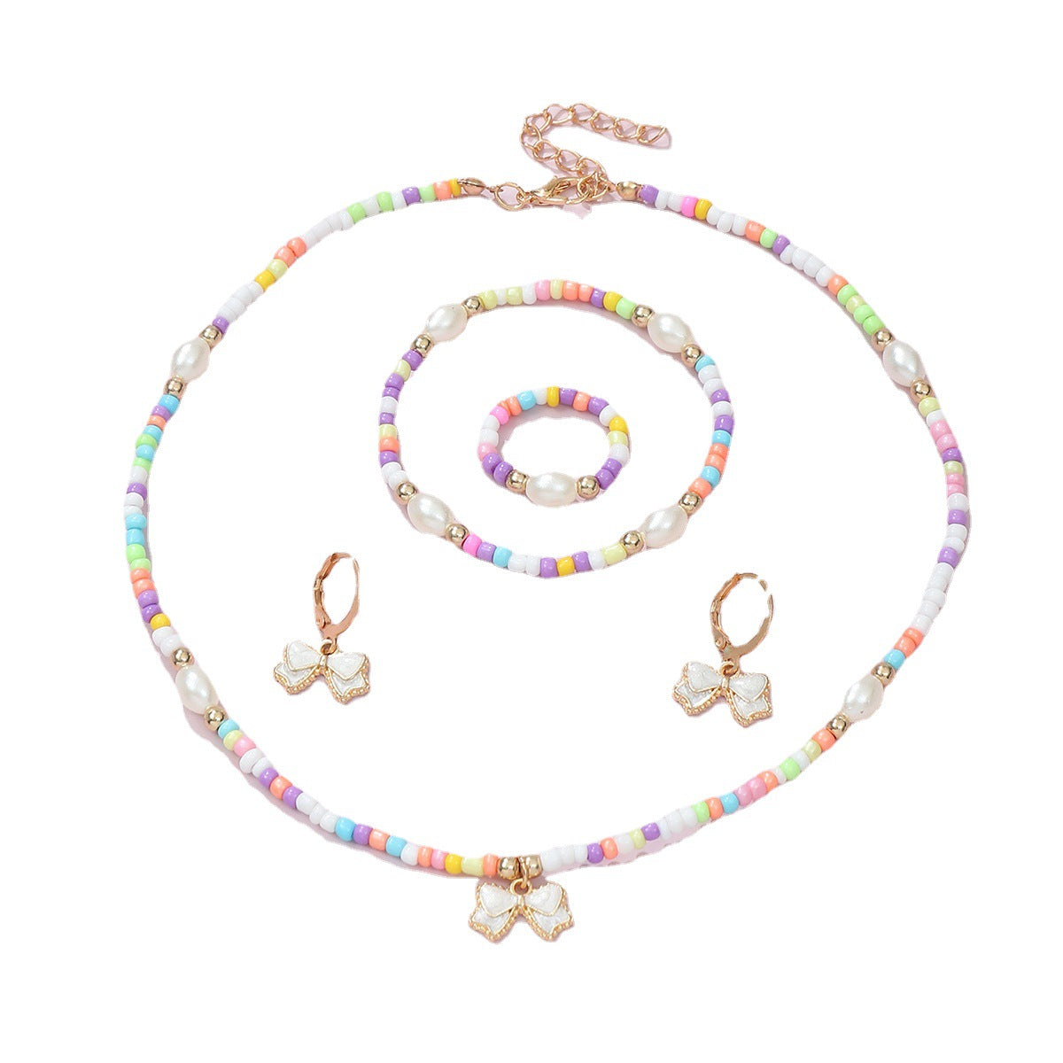 Conjunto de collar, pulsera, anillo y pendientes de aleación con forma de lazo estilo bohemio con acabado esmaltado para niños
