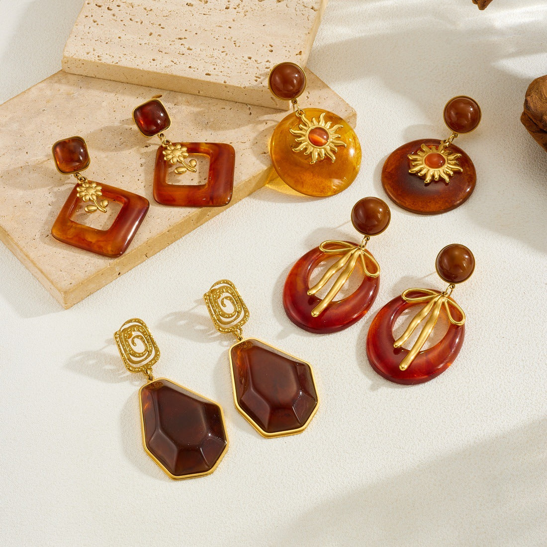Vintage Geometric Bow Resin Plated Stainless Steel Earrings