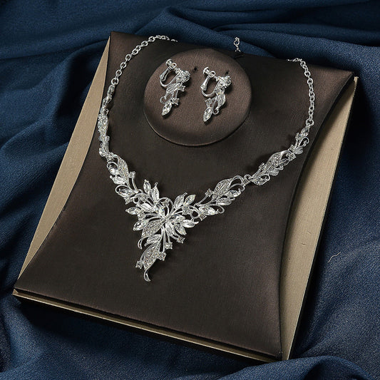 Minimalist Elegant Floral Pattern Alloy Plated Snake Chain Necklace and Earrings Set with Cubic Zirconia for Women