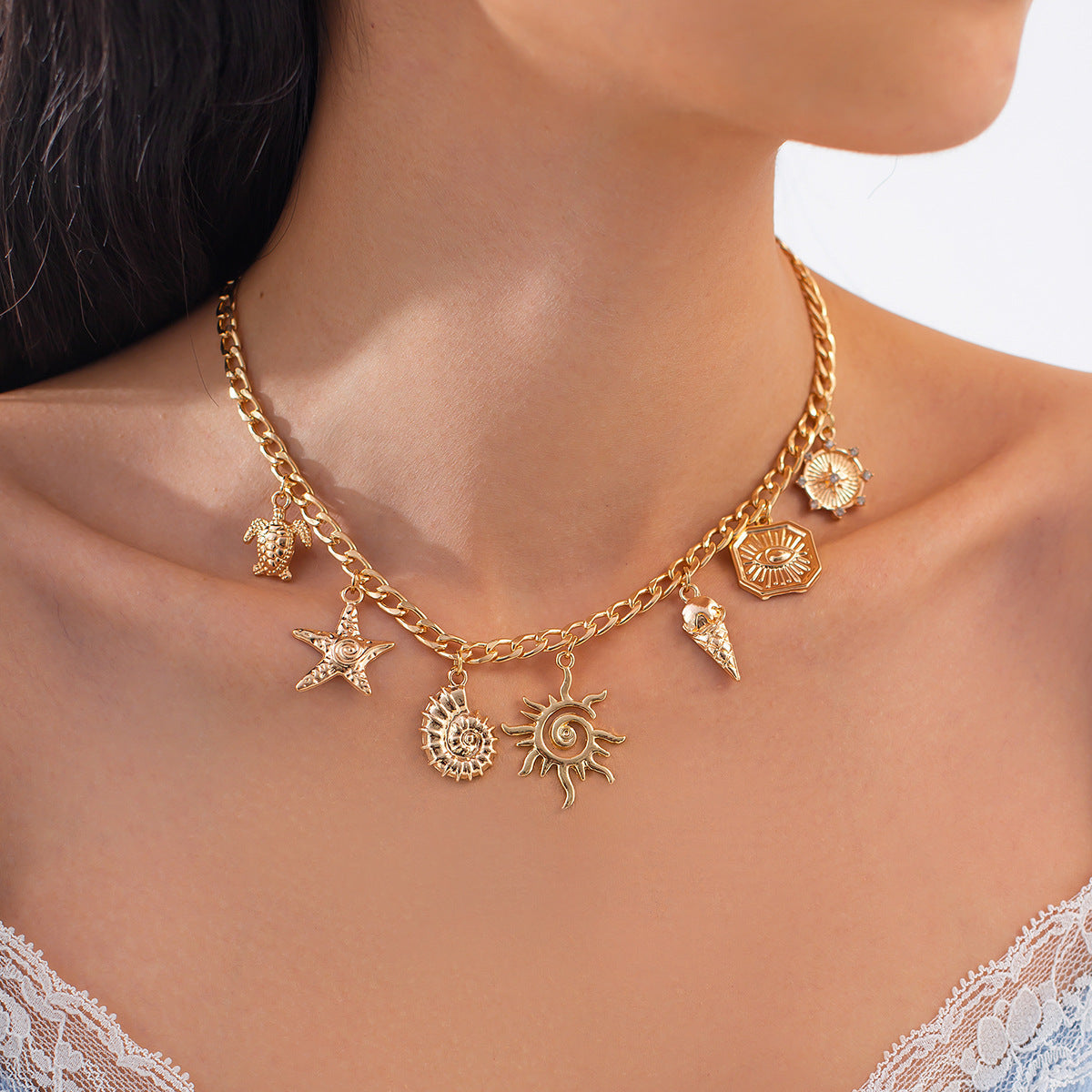 Sweet Geometric Zinc Alloy Plated Necklace with Shell Charm Bar for Women