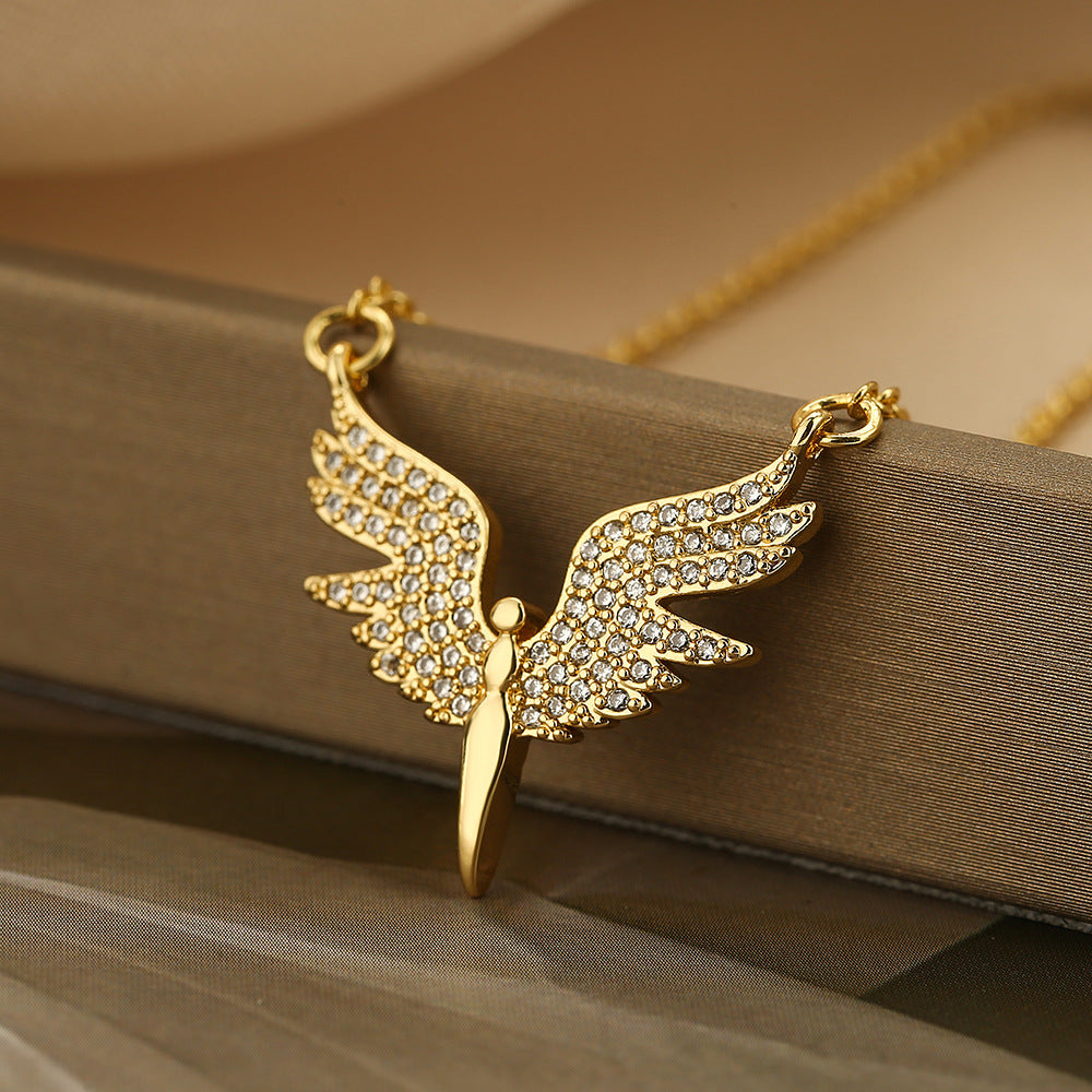 Collana pendente angelo minimalista da donna in ottone con placcatura in oro vero e intarsio di zirconi