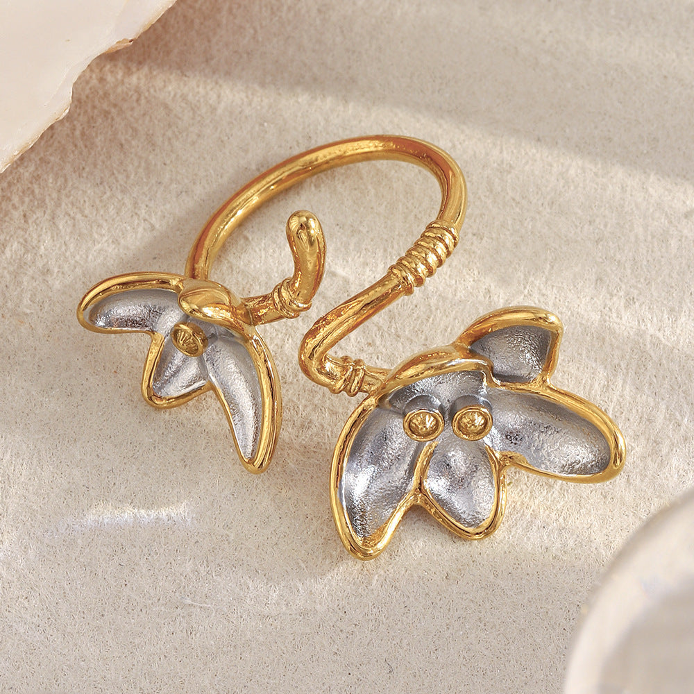 Minimalist Floral Stainless Steel Plated 18K Two-Tone Opening Ring for Women