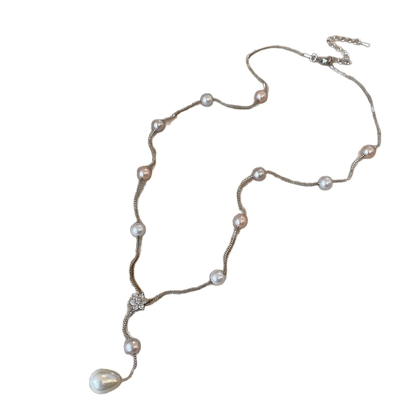 Elegante collar de perlas de imitación con forma floral y de lágrima con colgante de aleación chapada, delicada cadena para la clavícula para mujer
