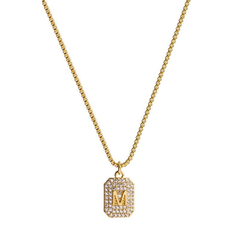 Elegant Minimalist M-Shaped Square Pendant Necklace for Women Made of Titanium Steel with Plated Finish and Sparkling Rhinestone Accents
