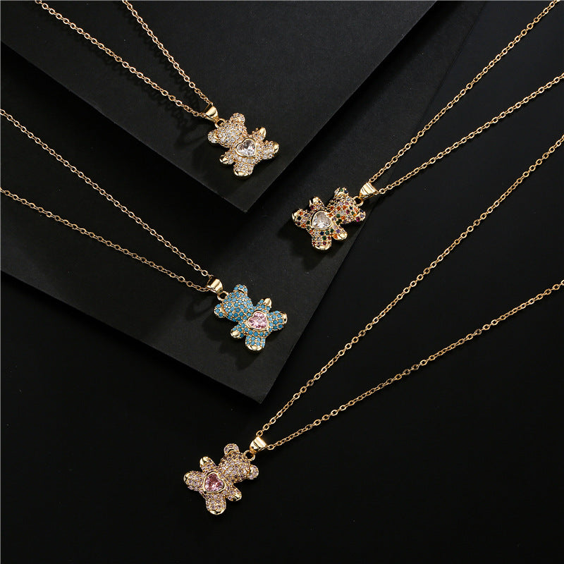 Minimalist Heart-Shaped Bear Pendant Necklace in Copper with Micro-Paved Cubic Zirconia on Snake Chain
