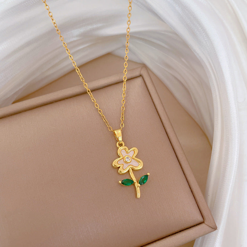 Collar con Colgante de Hoja, Concha y Flor de Acero Titanio de Lujo para Mujer con Incrustaciones de Diamantes de Imitación, Diseño Geométrico, Delicada Cadena de Clavícula