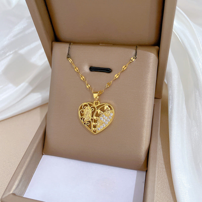 Collana Minimalista in Acciaio Inox a Forma di Cuore Vuoto con Intarsi di Strass per Donne e Uomini, Delicata Catena per Clavicole