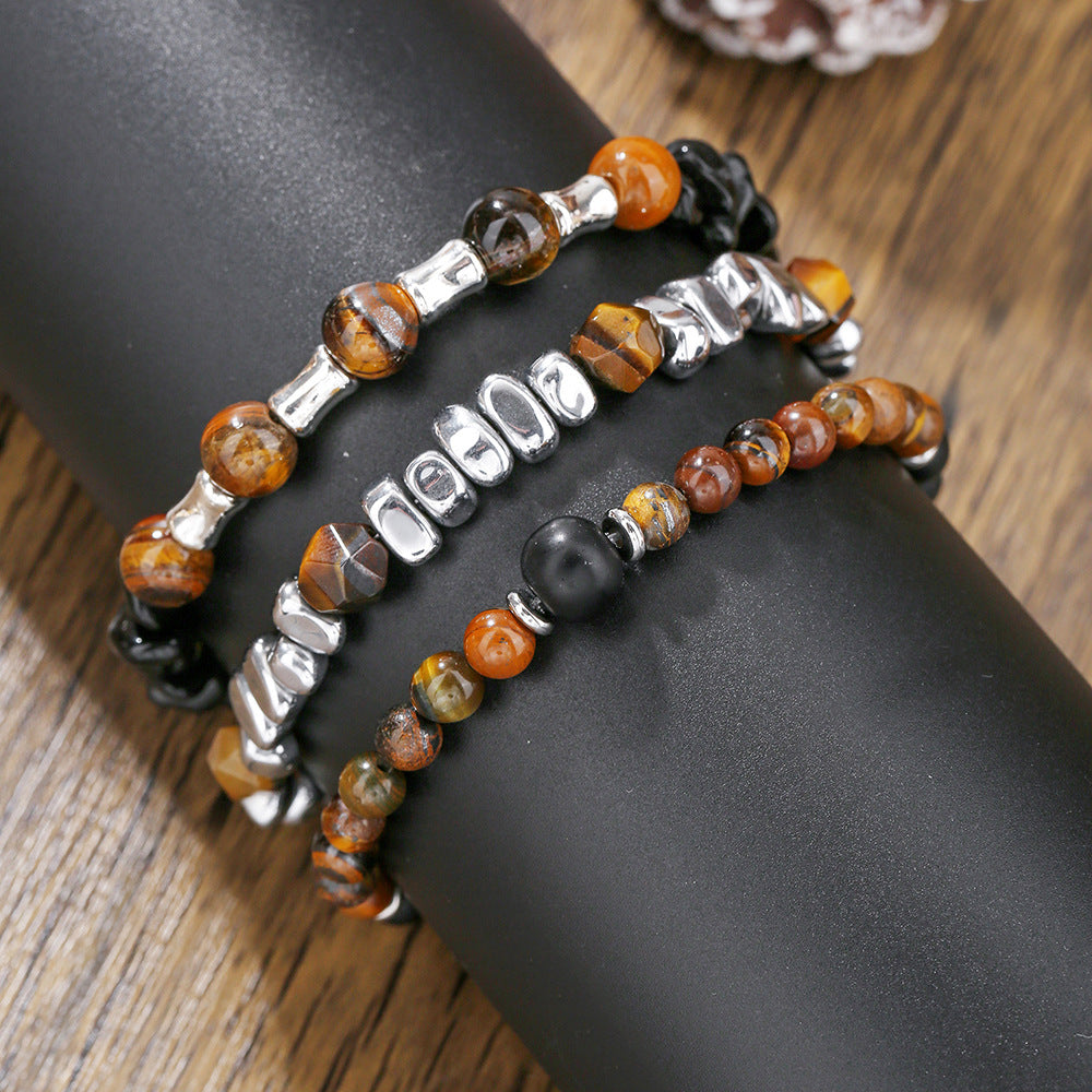 Bracciale elasticizzato con perline geometriche esagonali in ossidiana nera e occhio di tigre, da uomo e unisex, accessorio casual da lavoro e alla moda