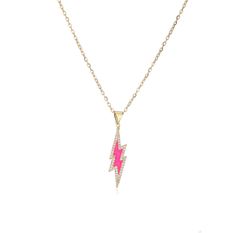 18K Gold Plated Brass Geometric Lightning Bolt Pendant Necklace with Cubic Zirconia and Drip Oil Detail on Cable Chain