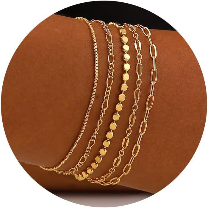 Bohemian Minimalist Geometric Plated Alloy Cuban Link Chain Pearl Bracelet Set for Women