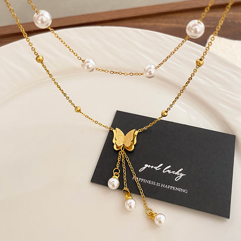 Minimalist Titanium Steel Plated Butterfly Double Layer Necklace