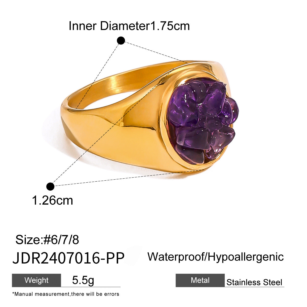 Square Plated Stainless Steel Ring with Natural Gemstone for Women