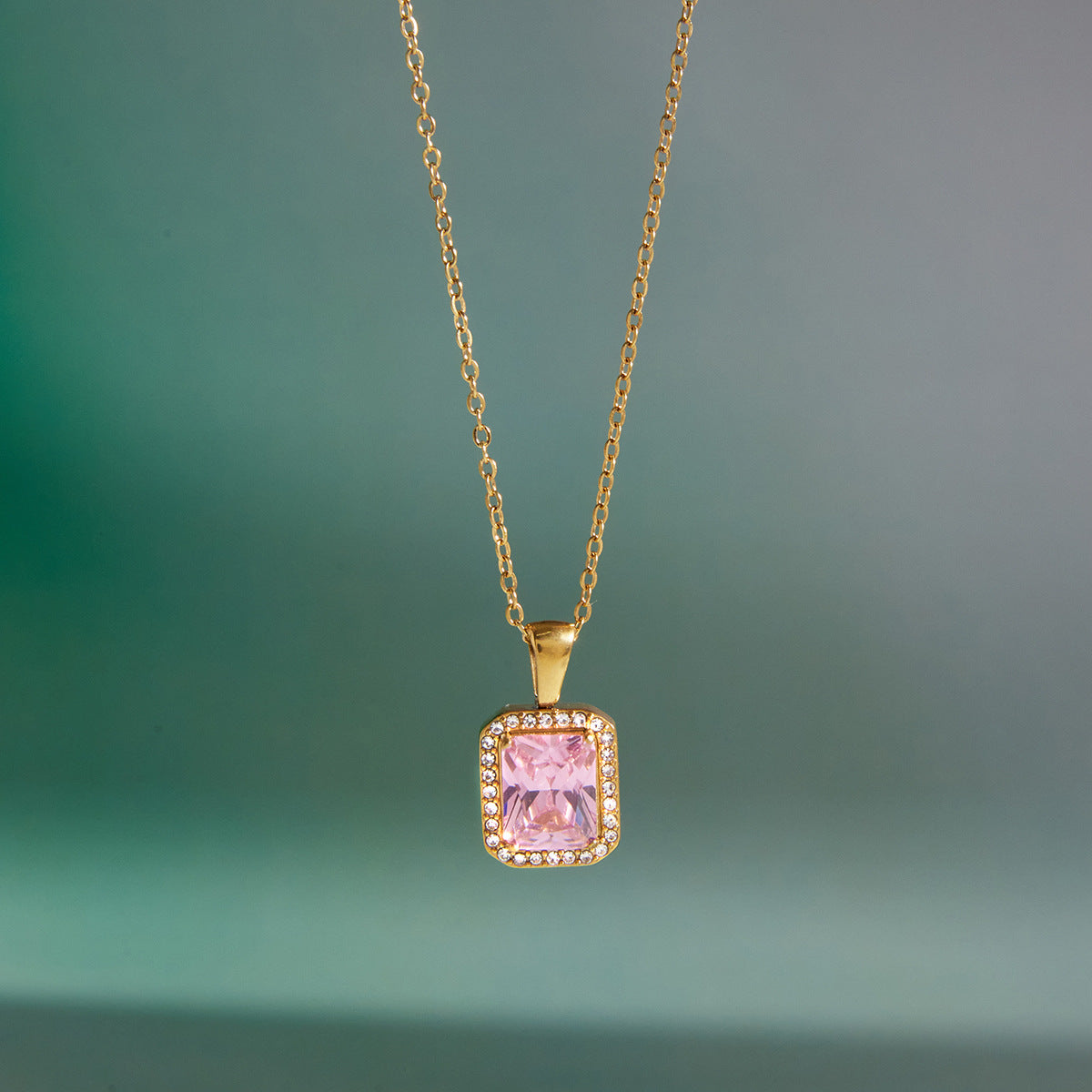 Minimalist Pink Cubic Zirconia Geometric Square PVD Gold Plated Stainless Steel Necklace for Women