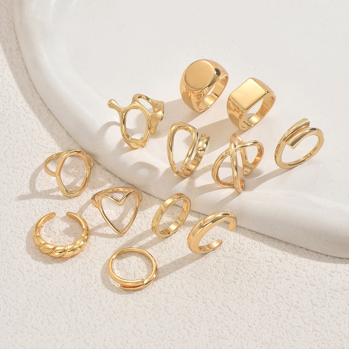 Conjunto de anillos con diseño de líneas geométricas para mujer, de aleación de zinc galvanizada, anillos de banda abierta ajustables con formas circulares y ovaladas
