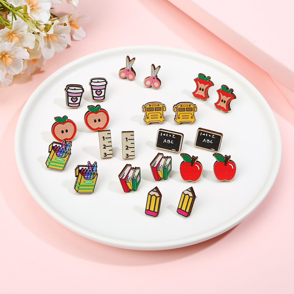 Minimalist Wood Book Scissors Ruler Pencil Shaped Earrings for Teachers