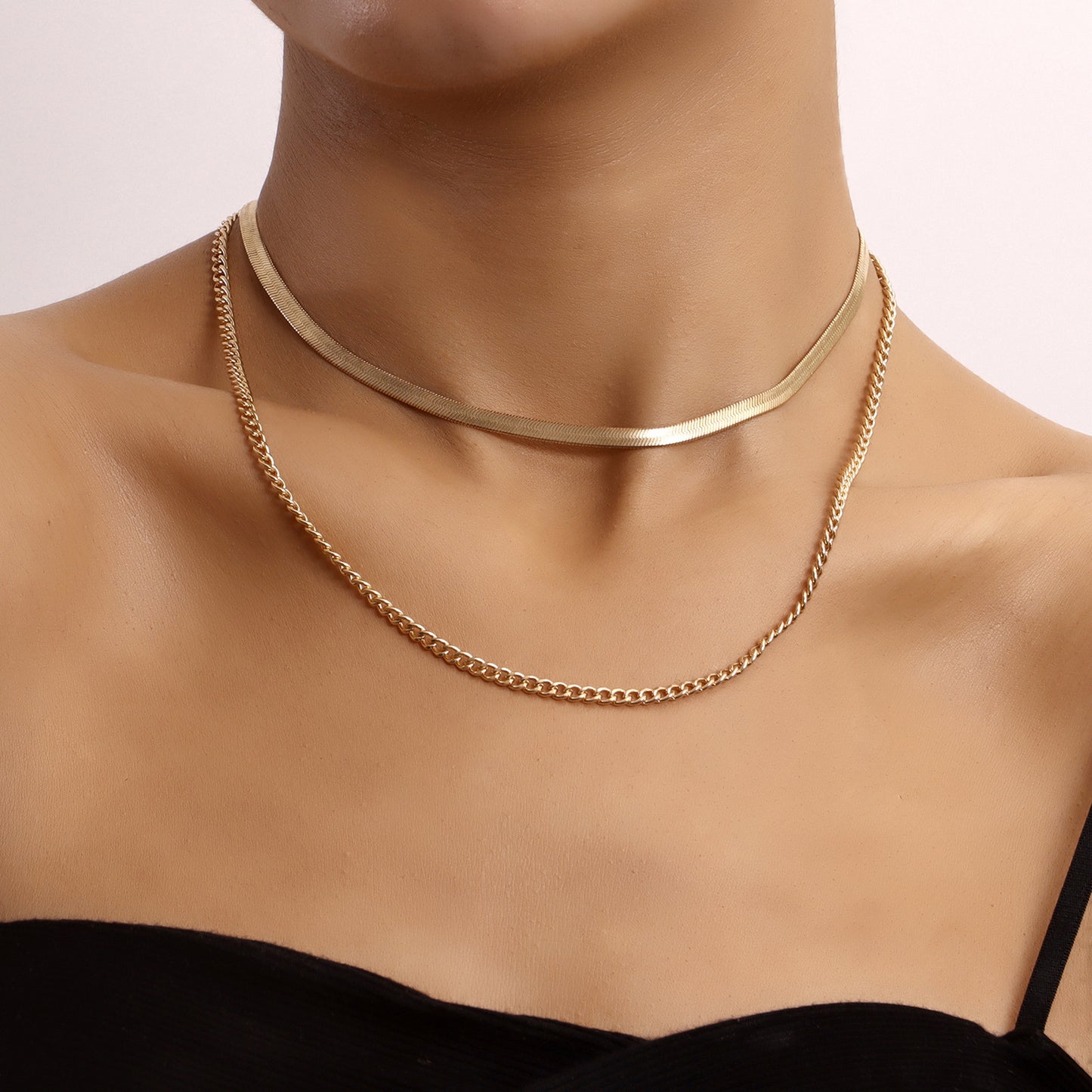 Minimalist Double-Layer Snake Chain Necklace for Women with Geometric Design and Plated Metal Finish