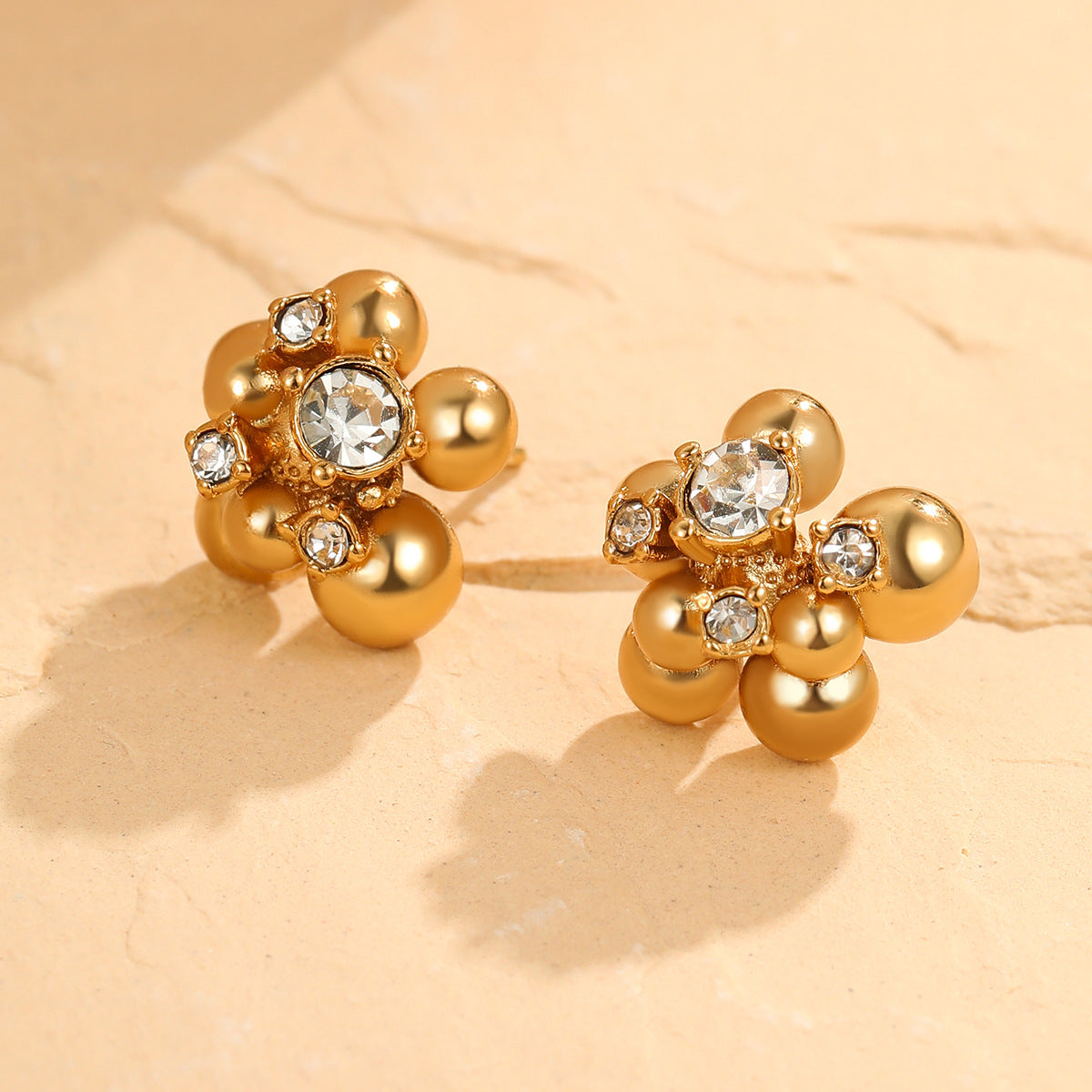 Minimalist Floral Stainless Steel Stud Earrings with Zircon Beads and Geometric Accents