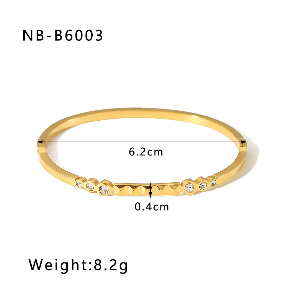 Bracciale da donna in acciaio inossidabile placcato oro 18 carati con motivo geometrico quadrato e circolare intarsiato di strass