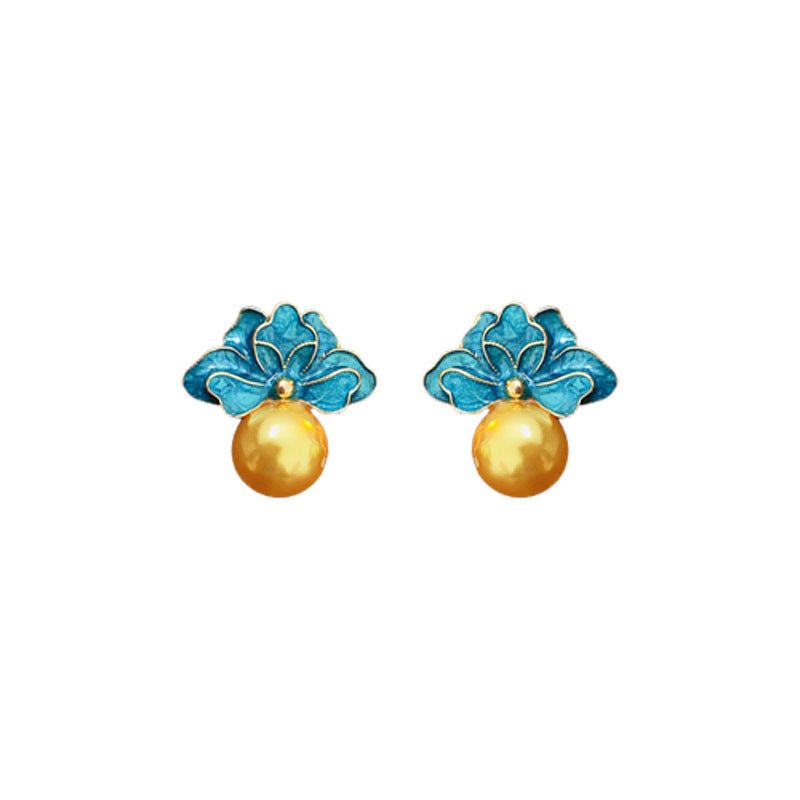 Vintage Floral Earrings with Enamel Finish and Pearl Accents in Alloy, French Retro Style Women's Fashion Ear Studs