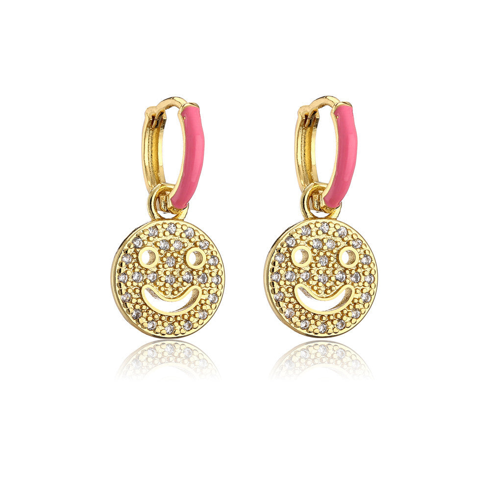 Sweet Geometric Drip Oil Brass Micro-Paved Cubic Zirconia 18K Gold Plated Smile Earrings