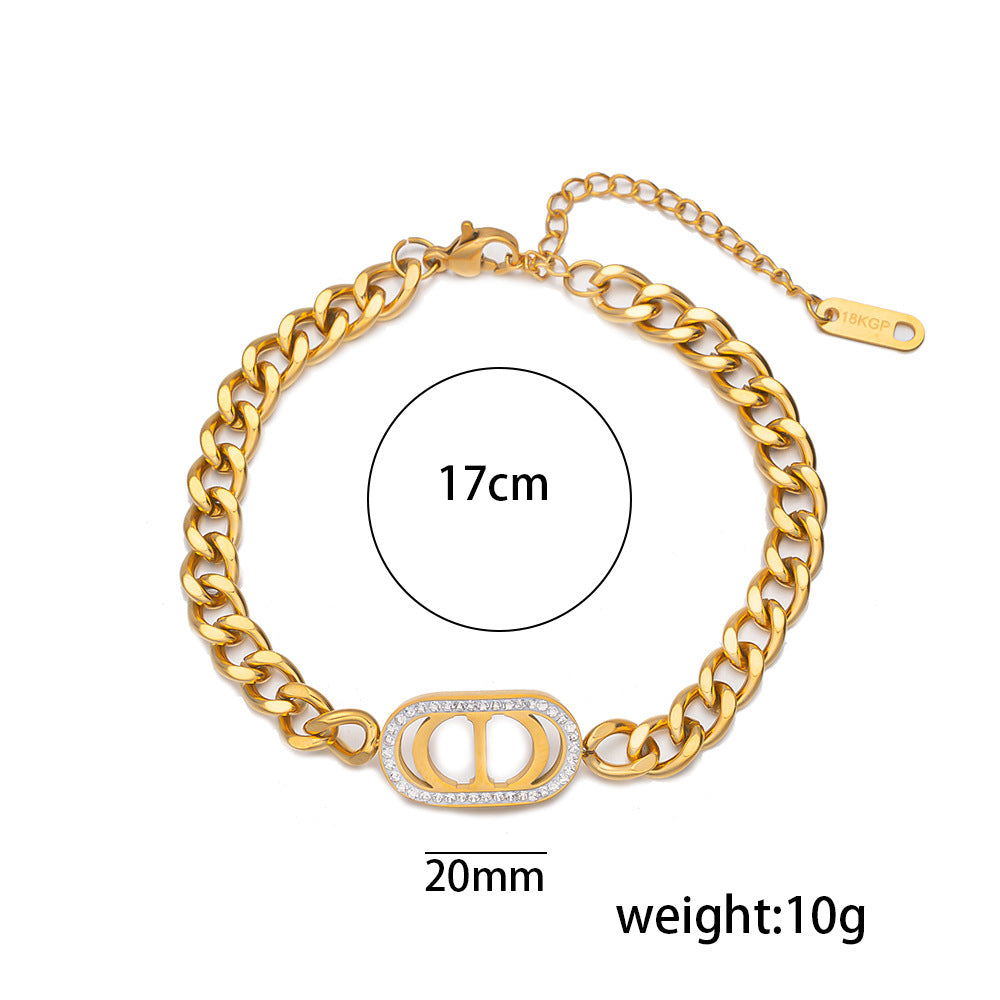 Bracciale a maglie cave a doppia D in acciaio inossidabile con lettera D minimalista da uomo e da donna con finitura elettrolitica
