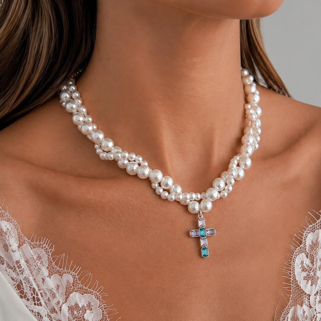 Luxury Rhinestone Inlaid Cross Pendant Zinc Alloy Imitation Pearl Double Layer Necklace for Women