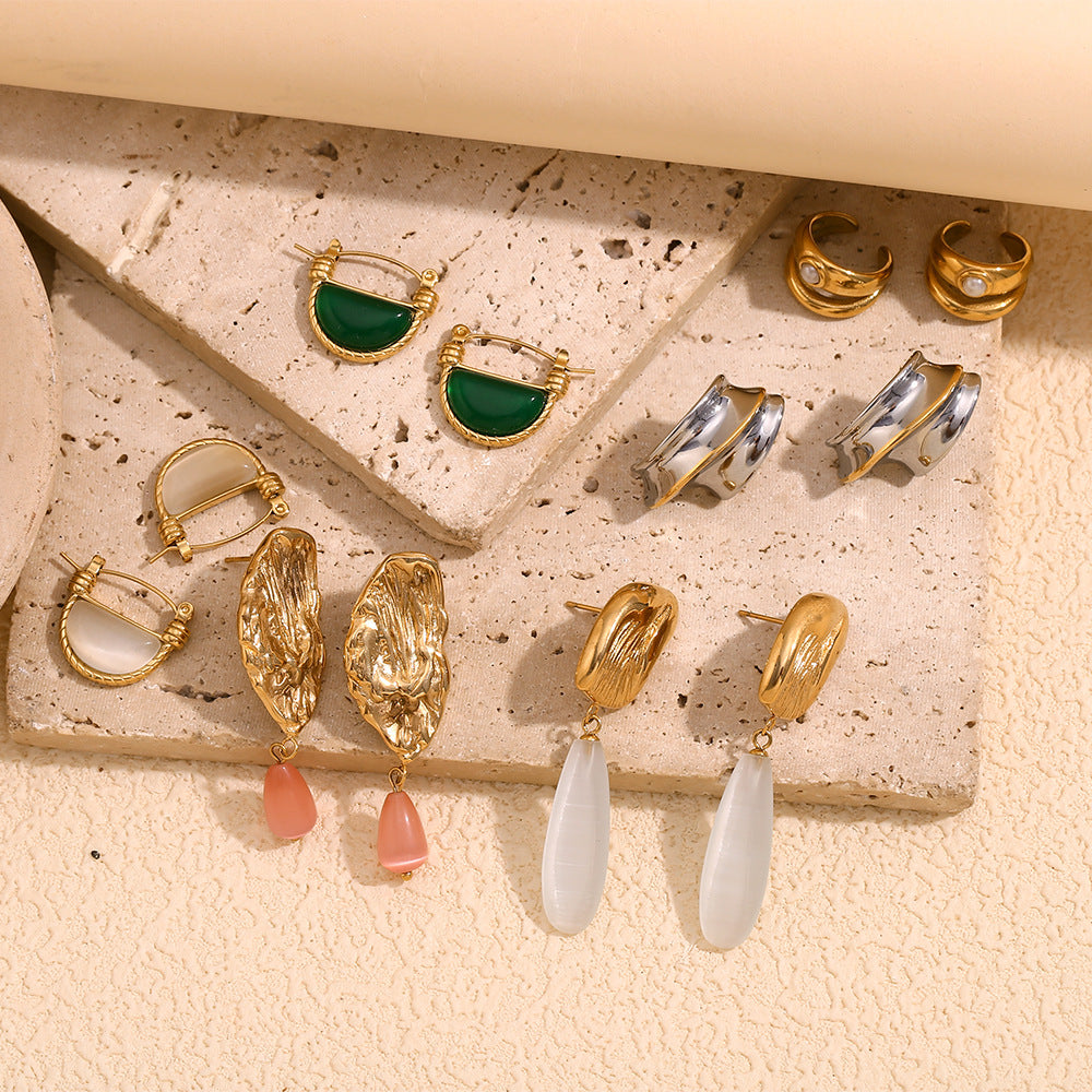 Vintage-Style Teardrop-Shaped Stainless Steel Earrings with 18K Gold Plating and Natural Stone Accents for Women
