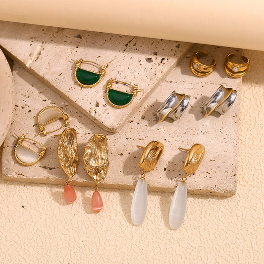 Pendientes de acero inoxidable en forma de lágrima estilo vintage con chapado en oro de 18 quilates y detalles de piedra natural para mujer