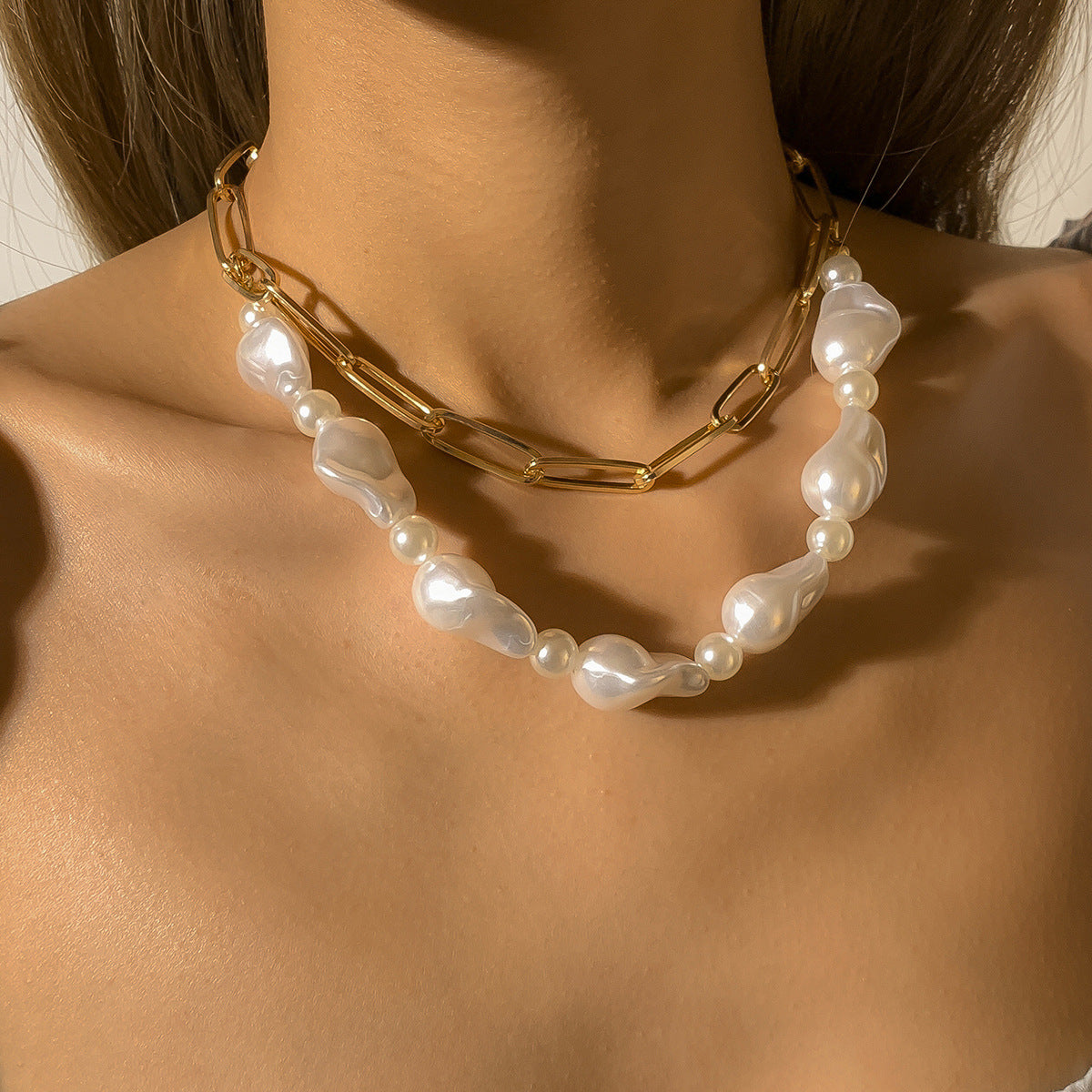 Minimalist Baroque-Inspired Multi-Layer Necklace with Cross Chain Design for Women, Electroplated Metal Pendant and Beaded Accent