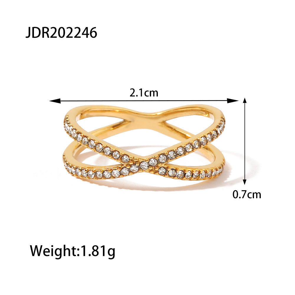 Anello da donna in acciaio inossidabile a forma di croce geometrica minimalista con intarsio di strass, fascia impilabile alla moda, finitura placcata resistente all'ossidazione