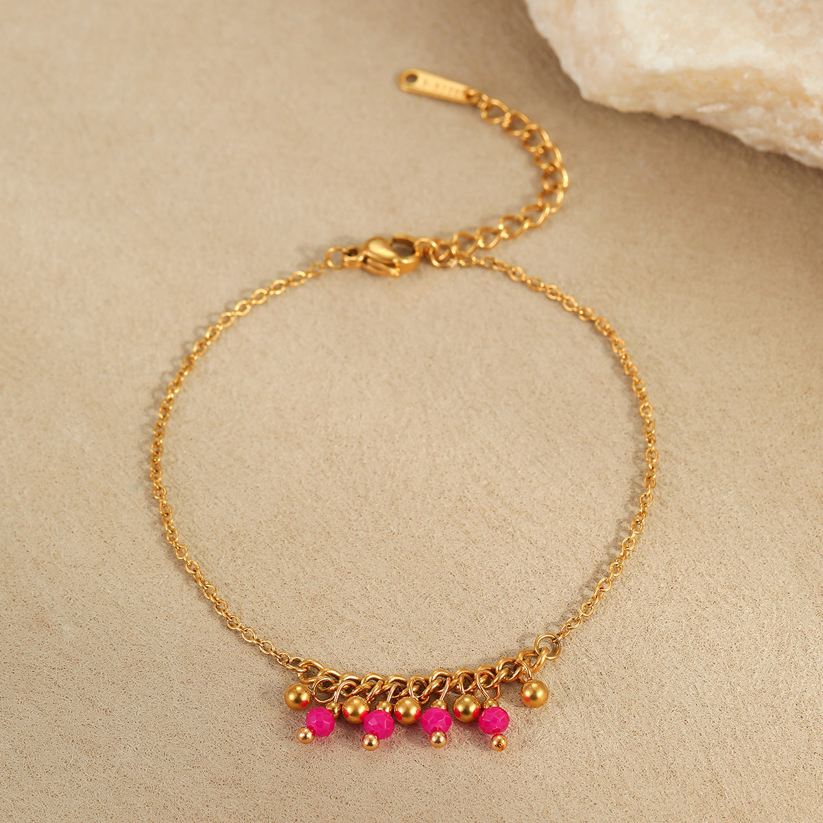 Fashionable Geometric Stainless Steel Plated Bracelet for Women with Colorful Natural Beads and Tassel Accents