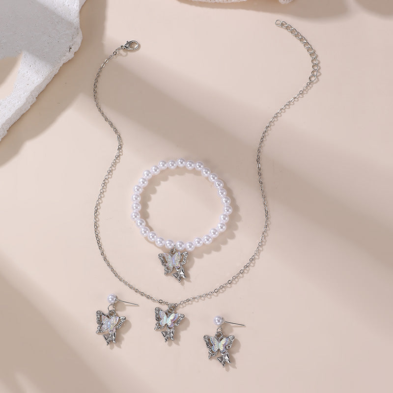 Juego de collar con colgante minimalista de perlas y resina en forma de lazo para niñas, con acabado esmaltado y cadena de cuentas