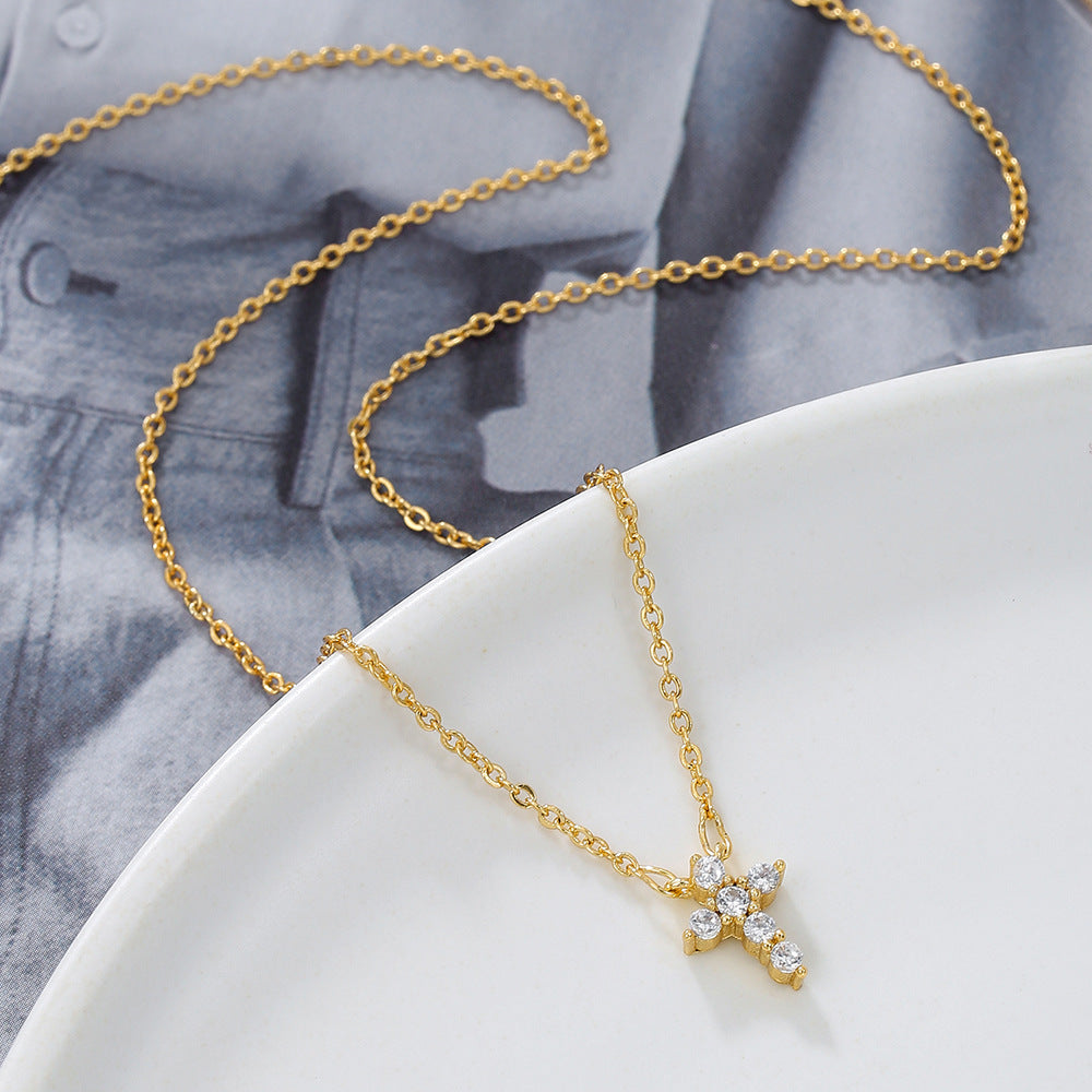 Luxury Gold Plated Brass Cross Cubic Zirconia Necklace for Women