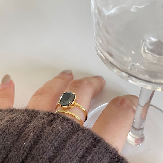 Anello Minimalista a Doppia Fascia in Argento Sterling S925 da Donna con Intarsio in Zirconia Nera