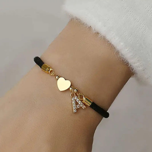 Minimalist Letter Heart Brass Plated Cubic Zirconia Bracelet with Adjustable Black Cord for Women