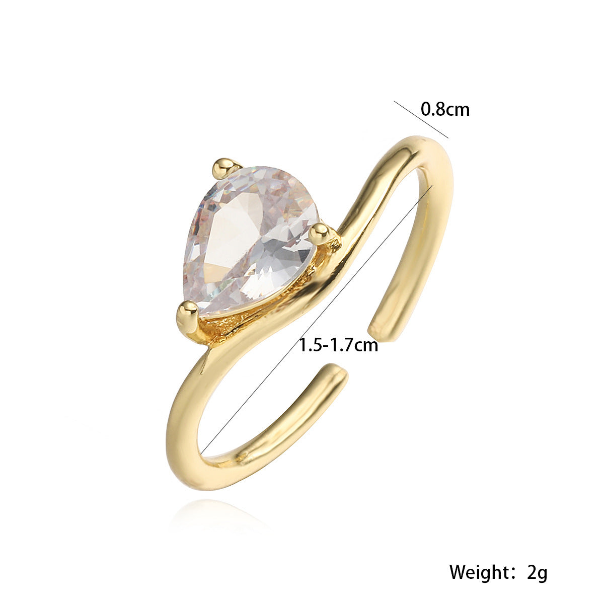 Anillo Minimalista Geométrico Abierto con Forma de Gota para Mujer en Latón con Baño de Oro de 18K y Incrustaciones de Circonita