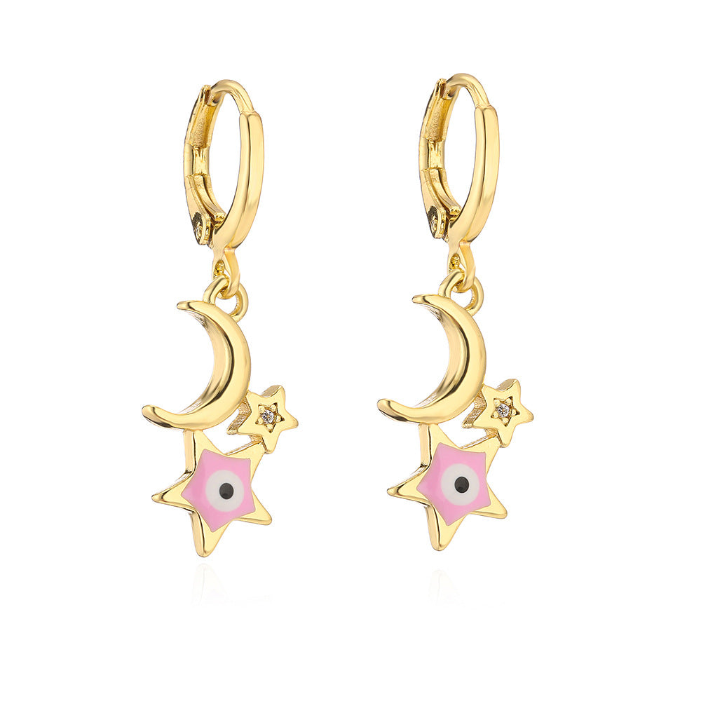 Minimalist Star and Moon Shaped Copper Earrings with Gold Plating for Women