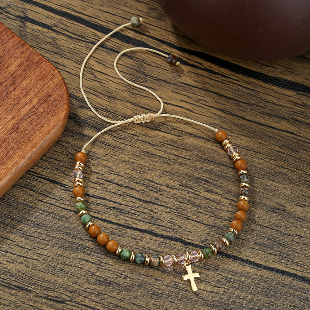 Fashion Geometric Glass Bead Handmade Bracelet with Red Cord and Gold Beads for Unisex