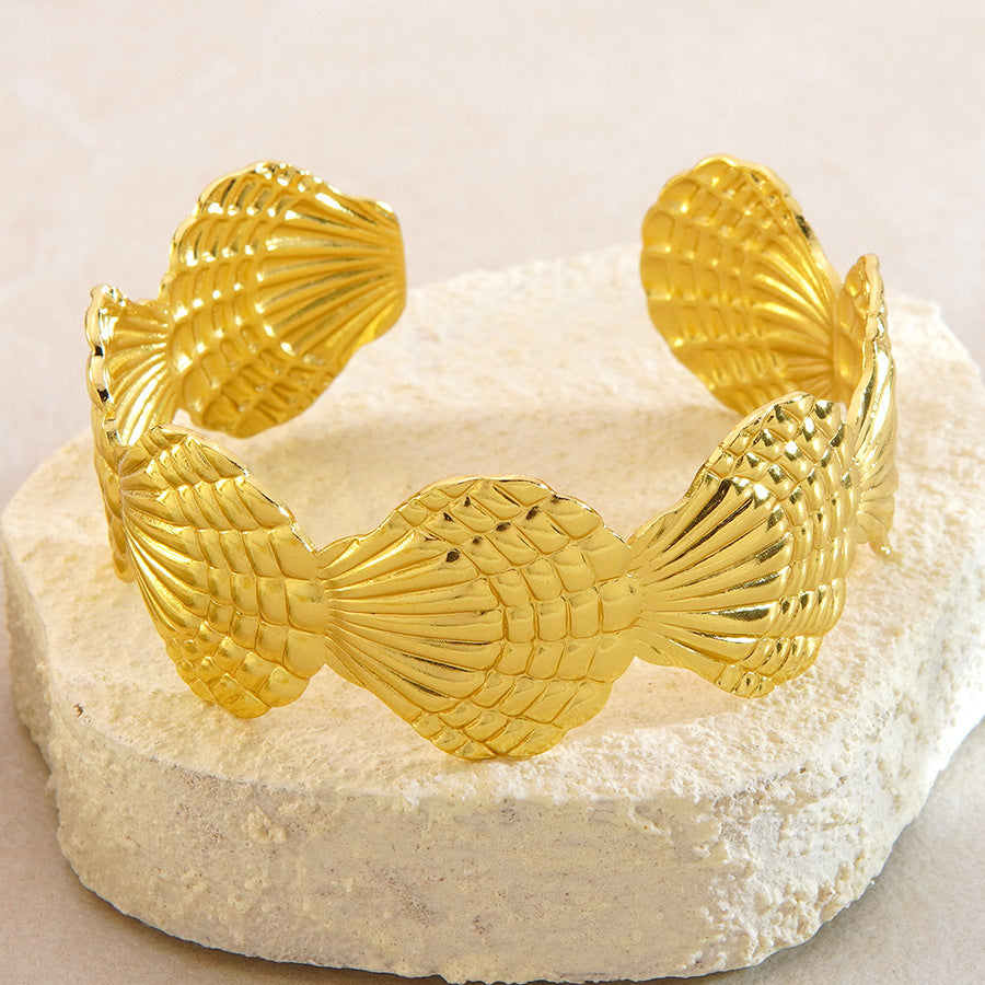 Elegante Bracciale Aperto a Polsino in Acciaio Inossidabile e Titanio a Guscio