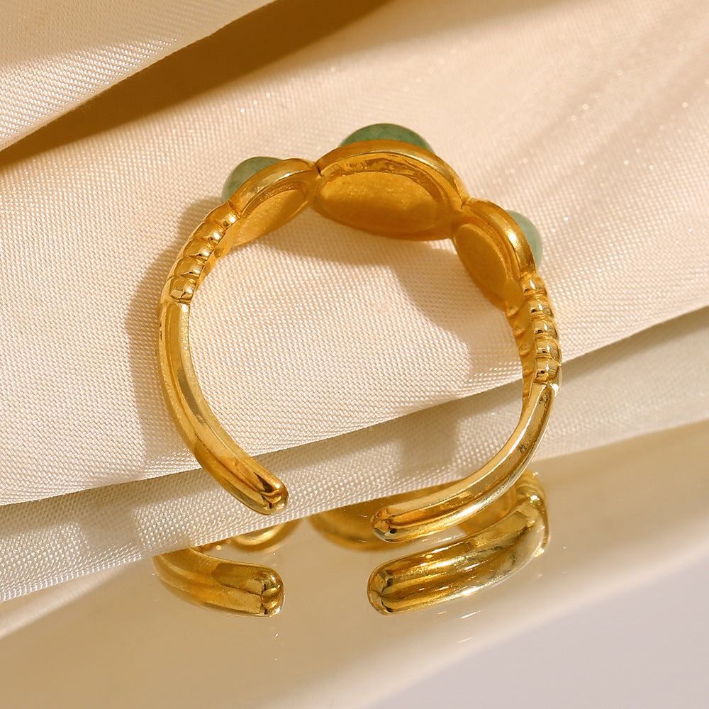 Minimalist Vintage Geometric Stainless Steel Ring with 18K Gold Plating and Green Aventurine Accents for Women